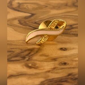 Vintage 1993 AVON Goldtone and pink enamel “Better Breast Care” ribbon pin